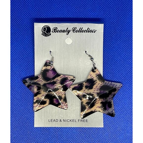 Silver Tone Cheetah Print Star Earrings Chic Style Fashion Trendy Animal Print - Picture 3 of 7